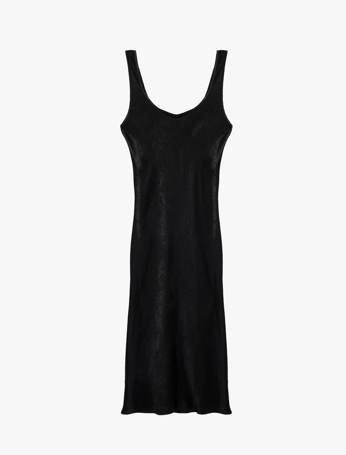  Kolsuz U Yaka Slim Fit Saten Midi Abiye Elbise