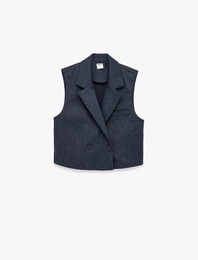 Düğmeli Cep Detaylı Kruvaze Yaka Kolsuz Crop Yelek