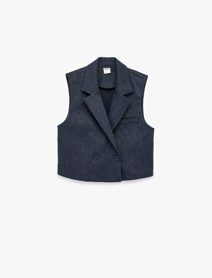  Düğmeli Cep Detaylı Kruvaze Yaka Kolsuz Crop Yelek