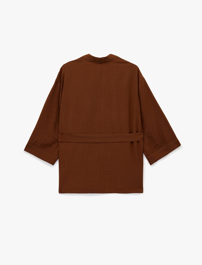  Viskon Kumaş Uzun Geniş Kol Kuşak Detaylı Kimono