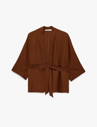 Viskon Kumaş Uzun Geniş Kol Kuşak Detaylı Kimono