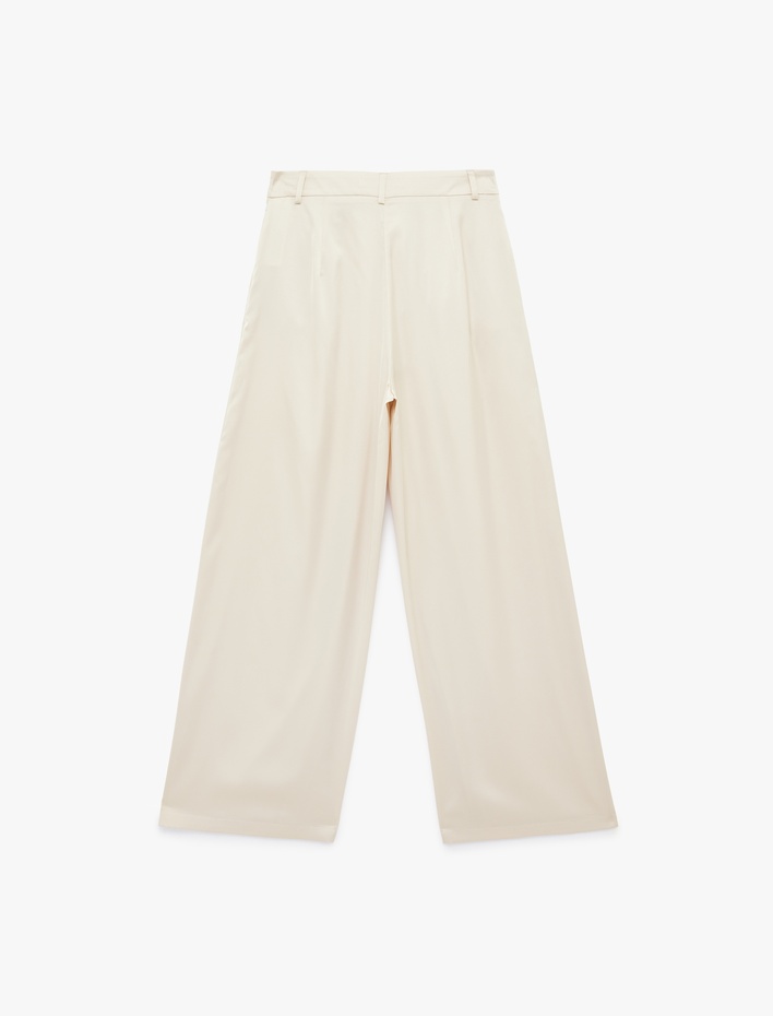  Cepli Pile Detaylı Yüksek Bel Düz Geniş Paça Saten Pantolon