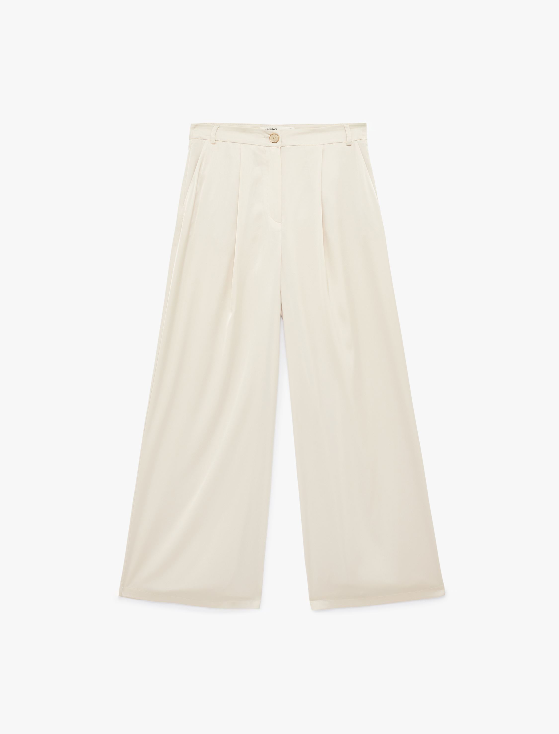   Cepli Pile Detaylı Yüksek Bel Düz Geniş Paça Saten Pantolon