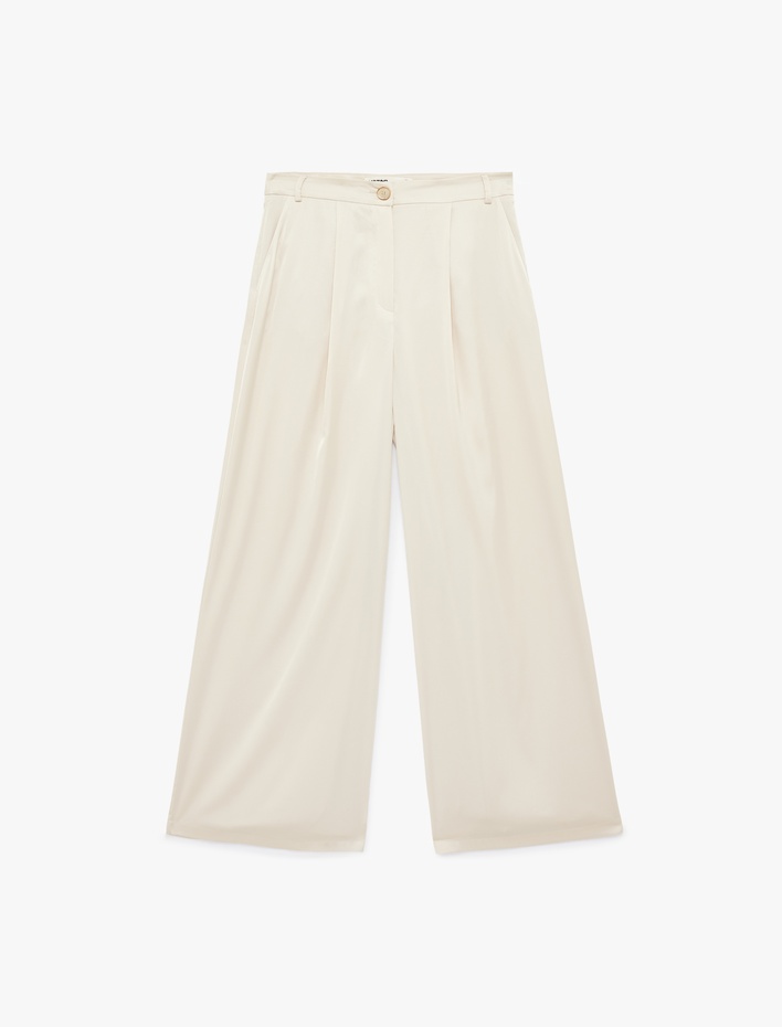  Cepli Pile Detaylı Yüksek Bel Düz Geniş Paça Saten Pantolon