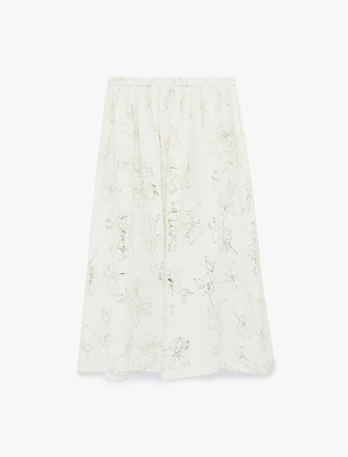  Pamuklu Parıltılı Çiçek Desenli Pileli Uzun Kloş Etek