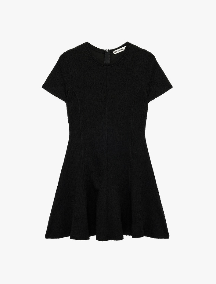  Viskon Karışımlı Volanlı Kısa Kollu Bisiklet Yaka Tüvit Mini Elbise