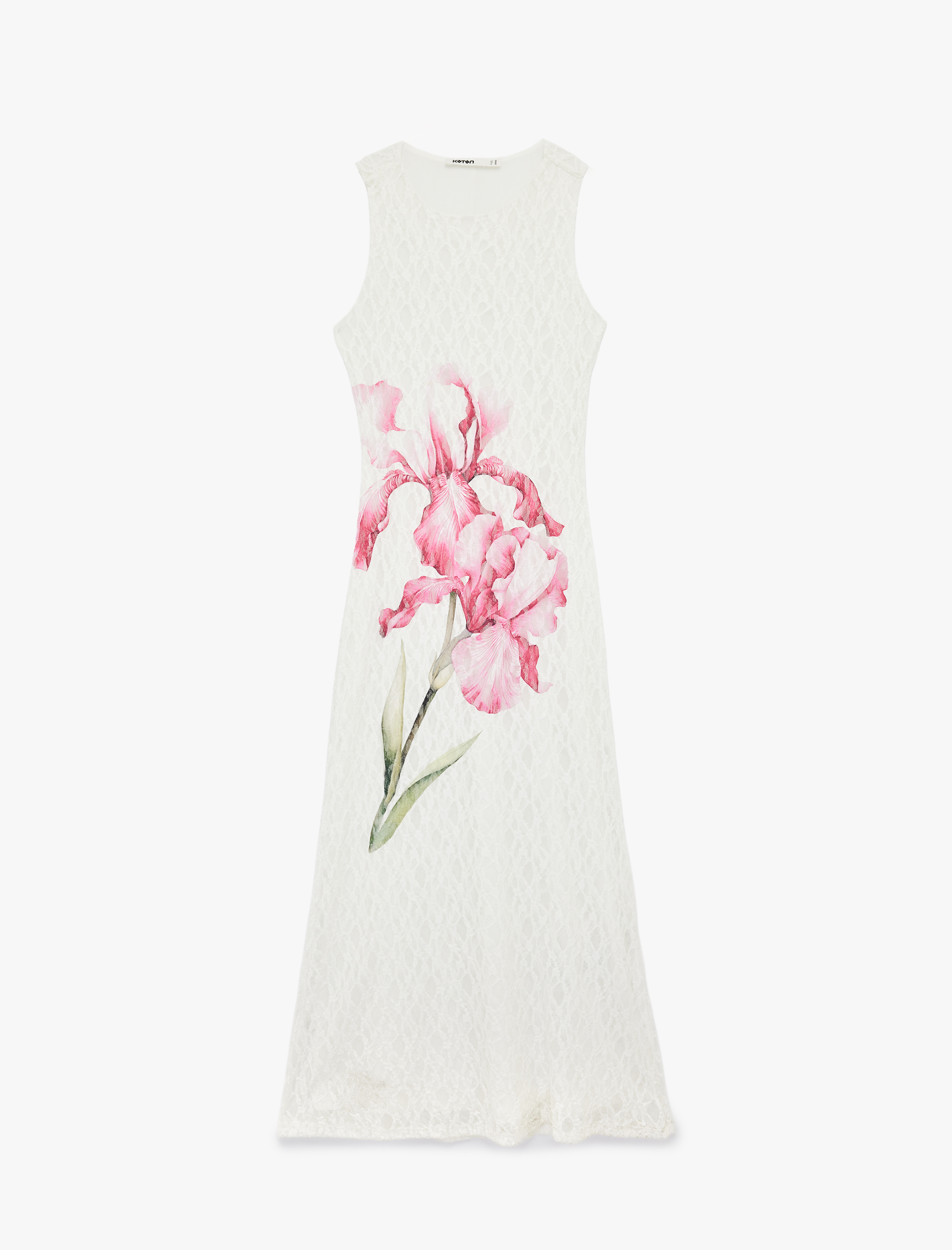   Slim Fit Kolsuz Yuvarlak Yaka Çiçek Desenli Uzun Dantel Elbise