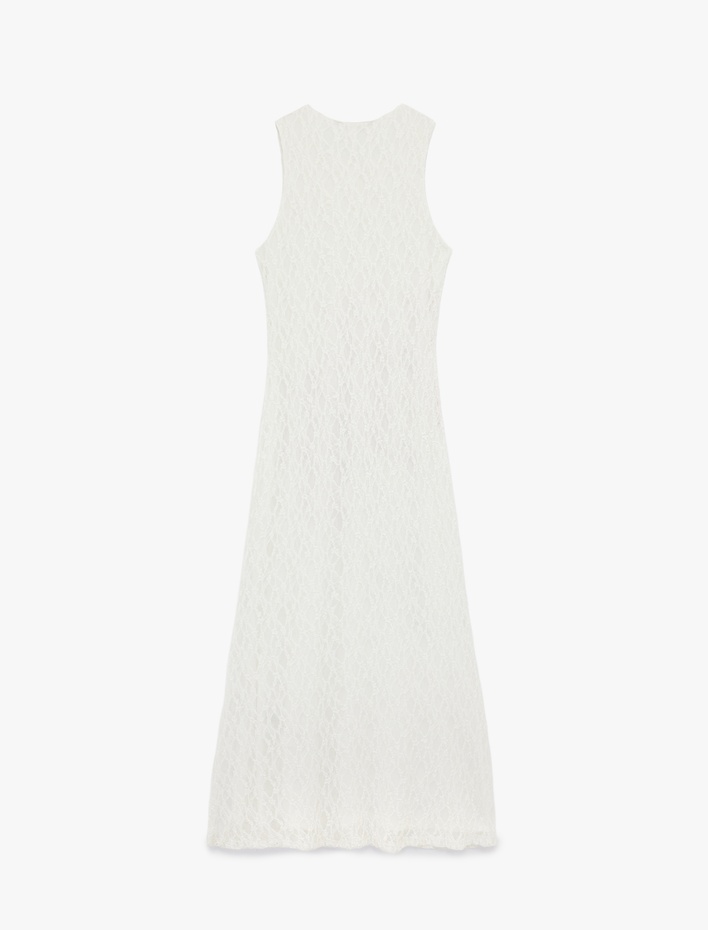  Slim Fit Kolsuz Yuvarlak Yaka Çiçek Desenli Uzun Dantel Elbise