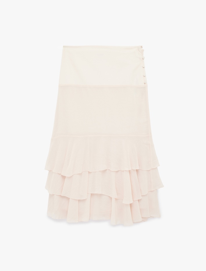  Düğme Detaylı Katmanlı Fırfırlı Şifon Midi Etek