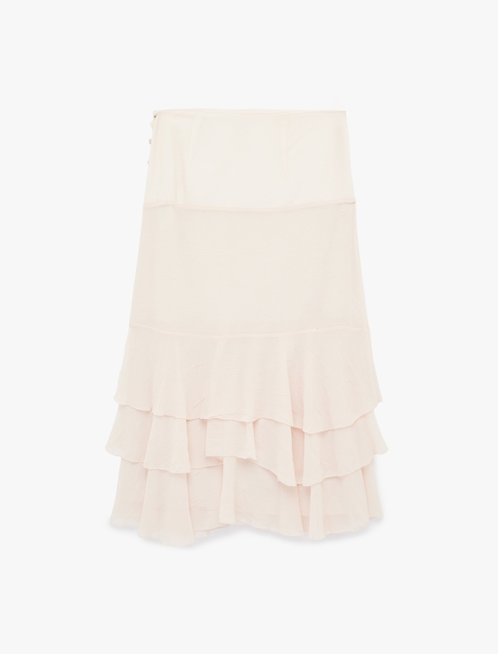  Düğme Detaylı Katmanlı Fırfırlı Şifon Midi Etek