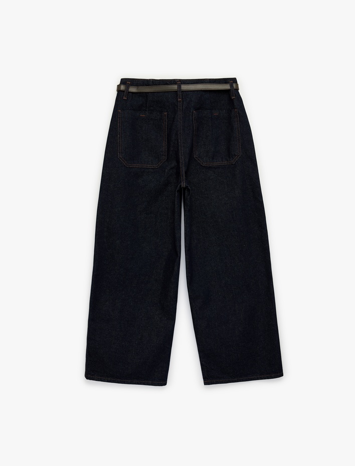  Pamuklu Yüksek Bel Kemerli Geniş Paça Denim Pantolon - Wide Leg Jean