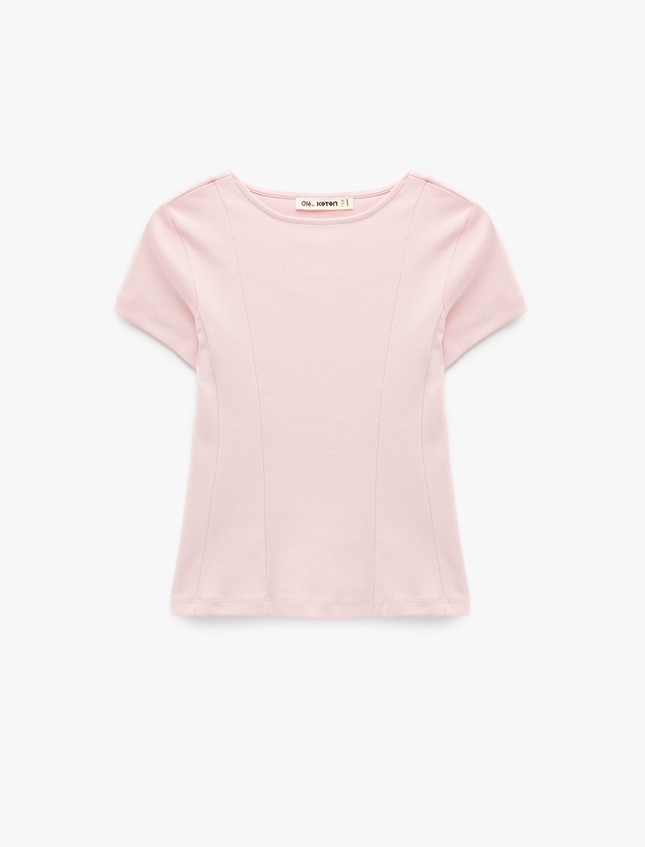  Pamuklu Kısa Kollu Korse Detaylı Bisiklet Yaka Tişört