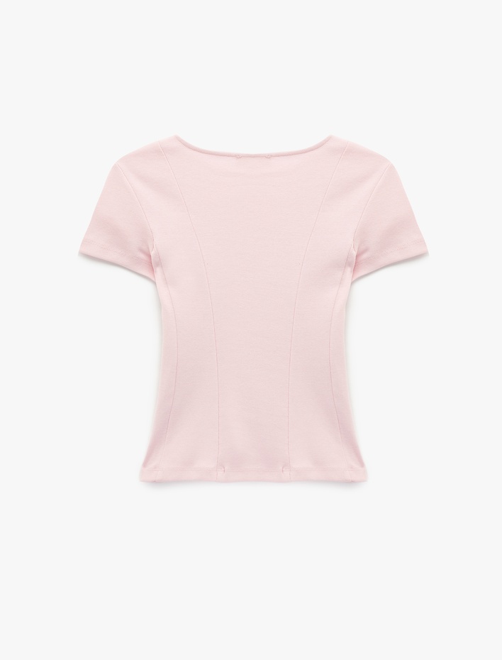  Pamuklu Kısa Kollu Korse Detaylı Bisiklet Yaka Tişört