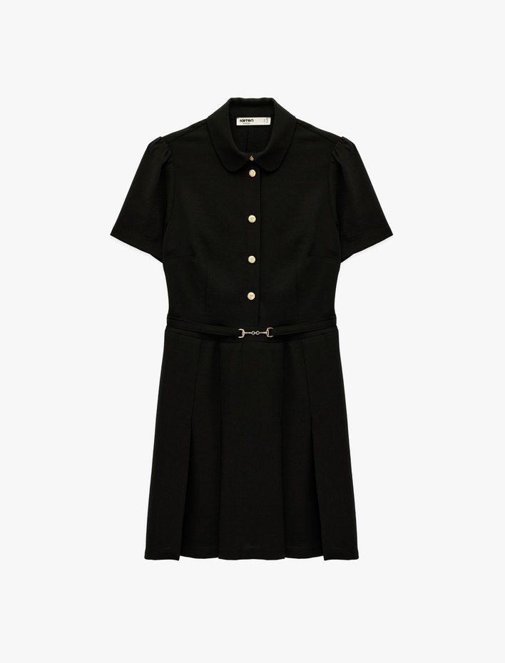  Slim Fit Kısa Kollu Gömlek Yaka Düğmeli Metal Aksesuarlı Mini Elbise