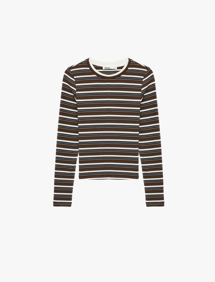  Slim Fit Uzun Kollu Bisiklet Yaka Çizgili Tişört