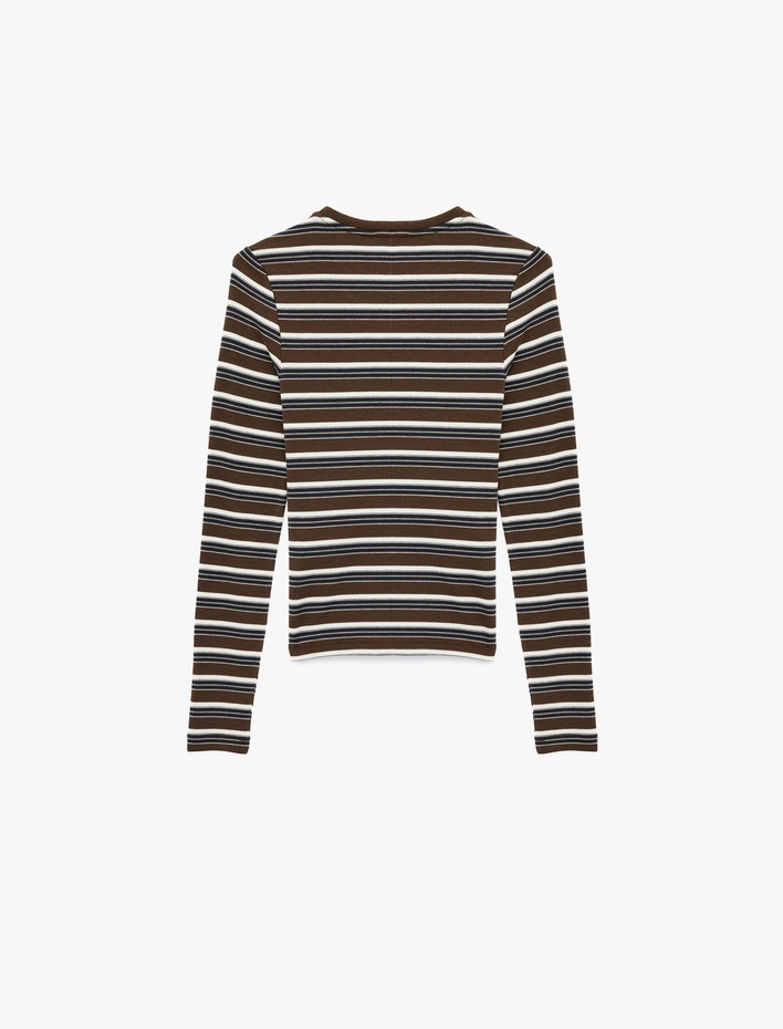  Slim Fit Uzun Kollu Bisiklet Yaka Çizgili Tişört