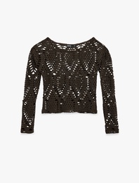 Geniş Yuvarlak Yaka Uzun Kollu Kroşe Tişört