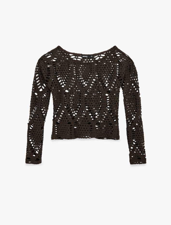  Geniş Yuvarlak Yaka Uzun Kollu Kroşe Tişört