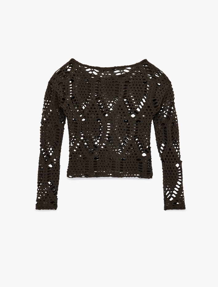  Geniş Yuvarlak Yaka Uzun Kollu Kroşe Tişört