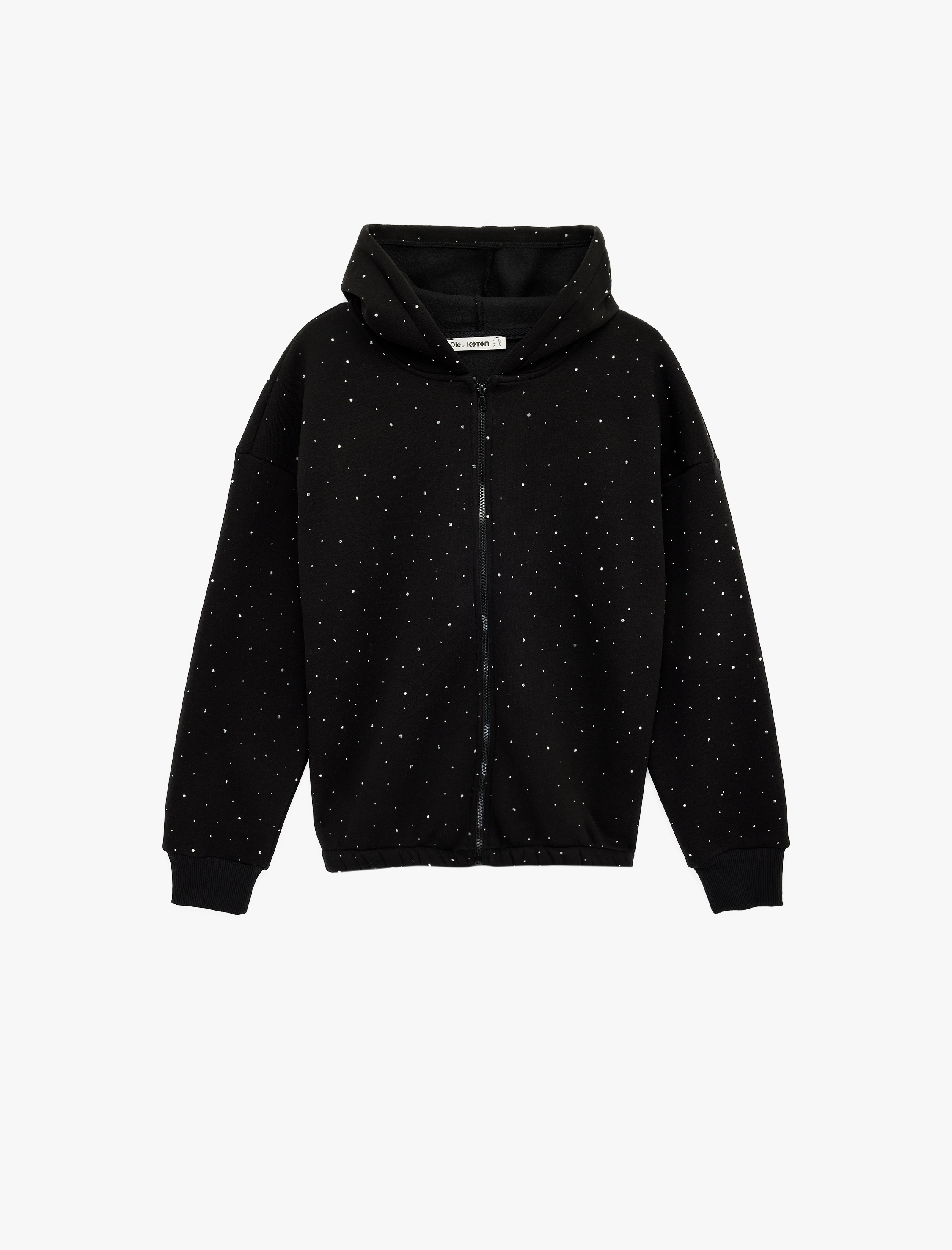   Taş Detaylı Şardonlu Uzun Kollu Kapüşonlu Fermuarlı Sweatshirt