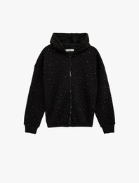 Taş Detaylı Şardonlu Uzun Kollu Kapüşonlu Fermuarlı Sweatshirt