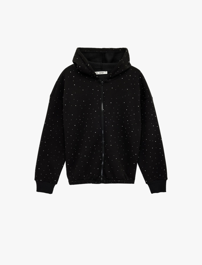  Taş Detaylı Şardonlu Uzun Kollu Kapüşonlu Fermuarlı Sweatshirt