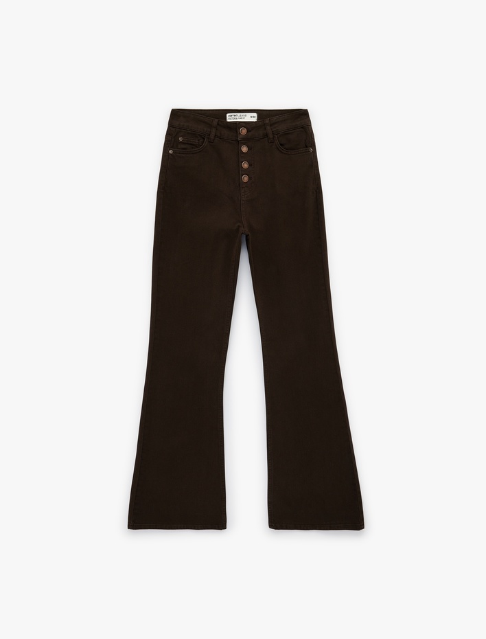  Yüksek Bel Düğme Detaylı Cepli Dar Kesim İspanyol Paça Denim Pantolon - Flare Jeans