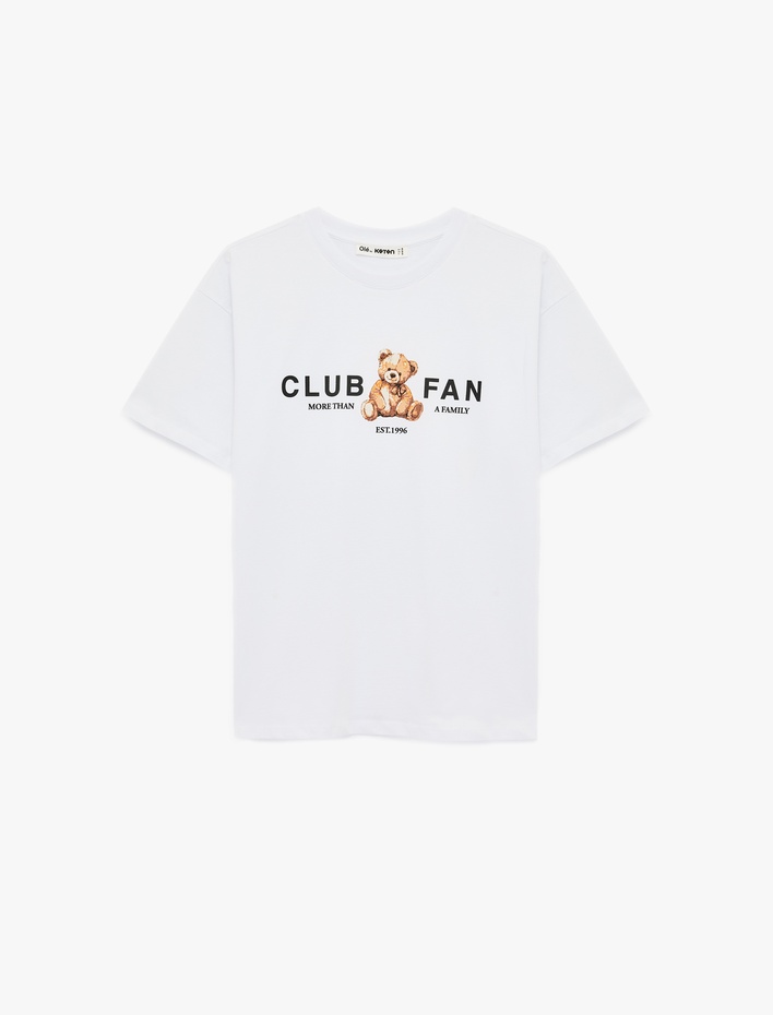  Kısa Kollu Bisiklet Yaka Pamuklu Ayıcık Baskılı Oversize Tişört