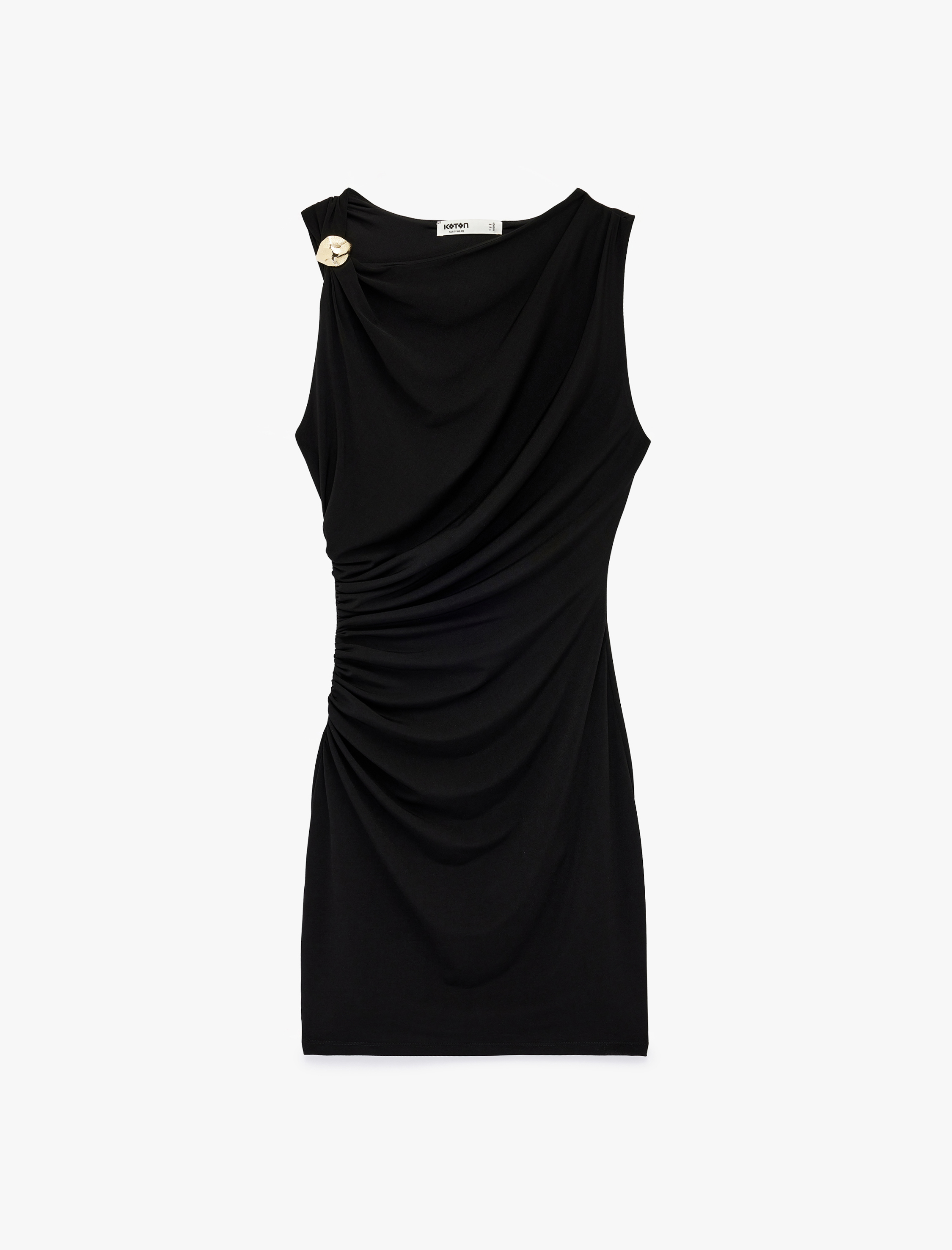   Drapeli Degaje Yaka Kolsuz Metal Aksesuarlı Mini Elbise