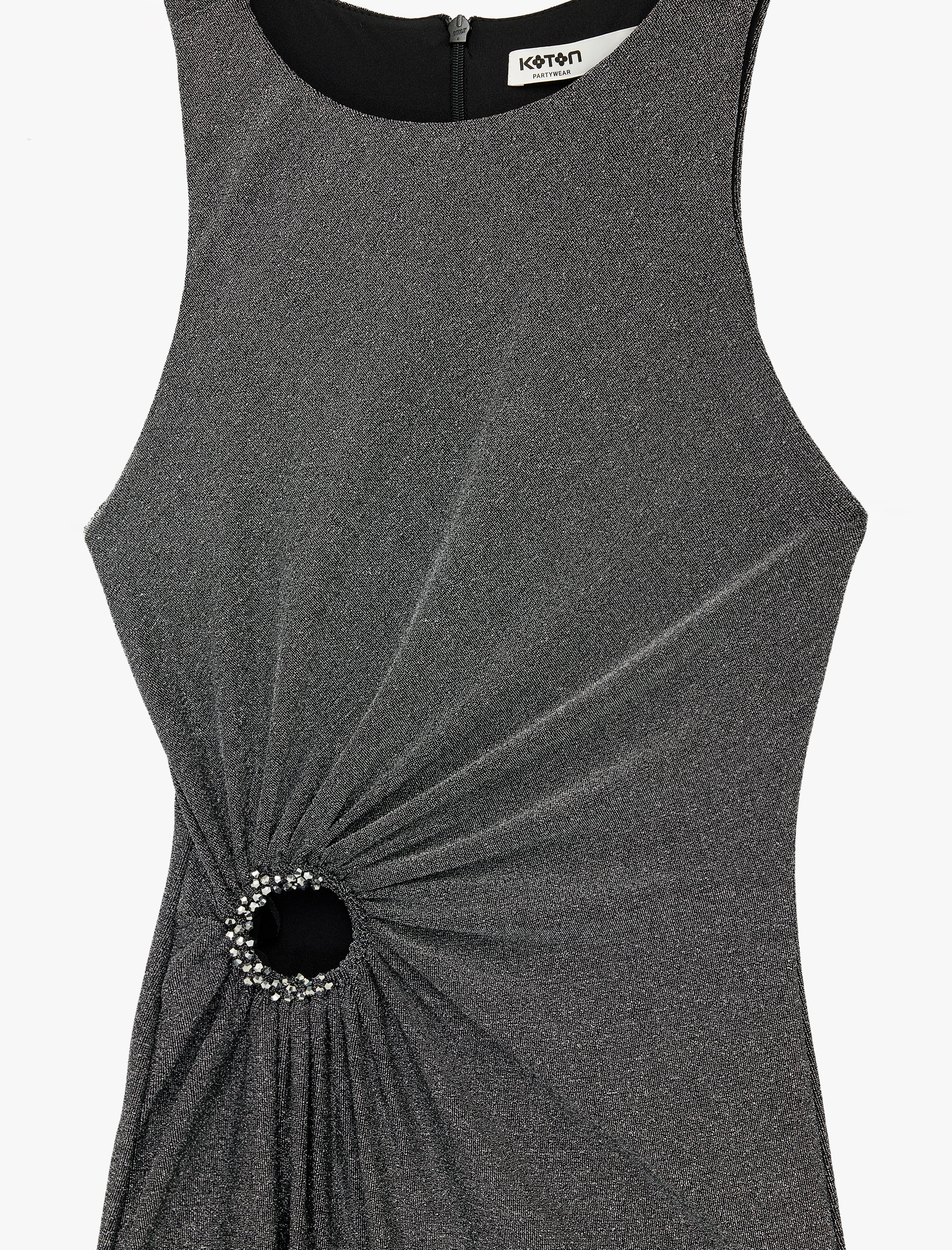   Kolsuz Bisiklet Yaka Slim Fit Taş Detaylı Simli Midi Slip Elbise