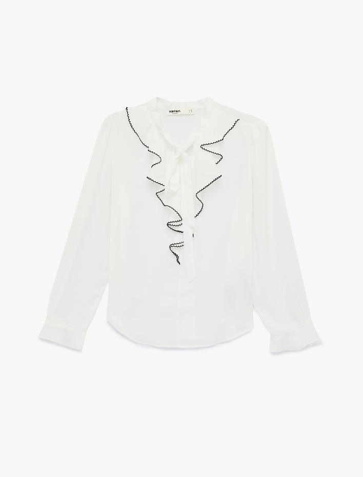  Uzun Kollu Fırfırlı Yaka Bağlama Detaylı Bluz