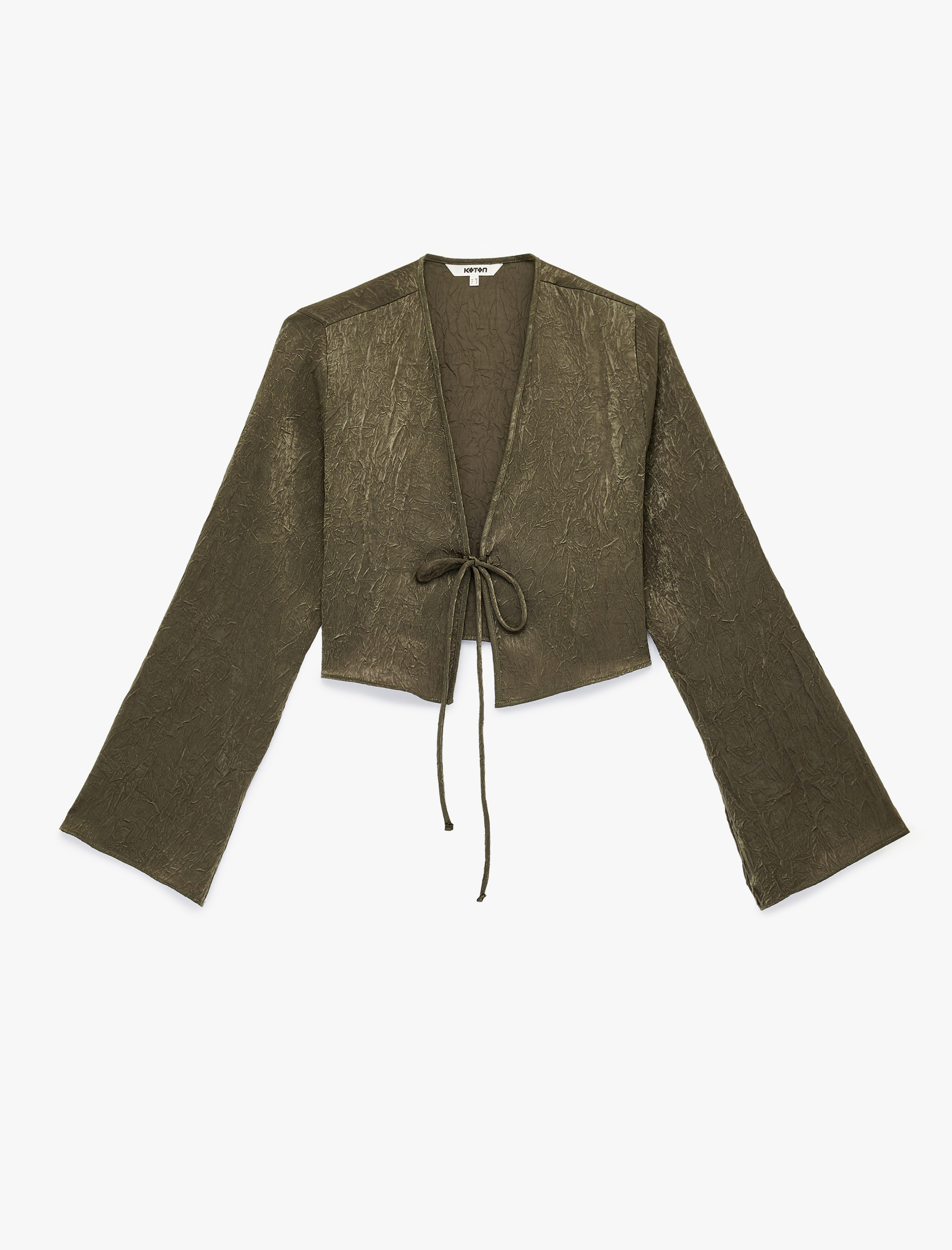   Uzun Kollu Önden Bağlama Detaylı Dokulu Crop Saten Bluz