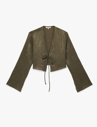 Uzun Kollu Önden Bağlama Detaylı Dokulu Crop Saten Bluz