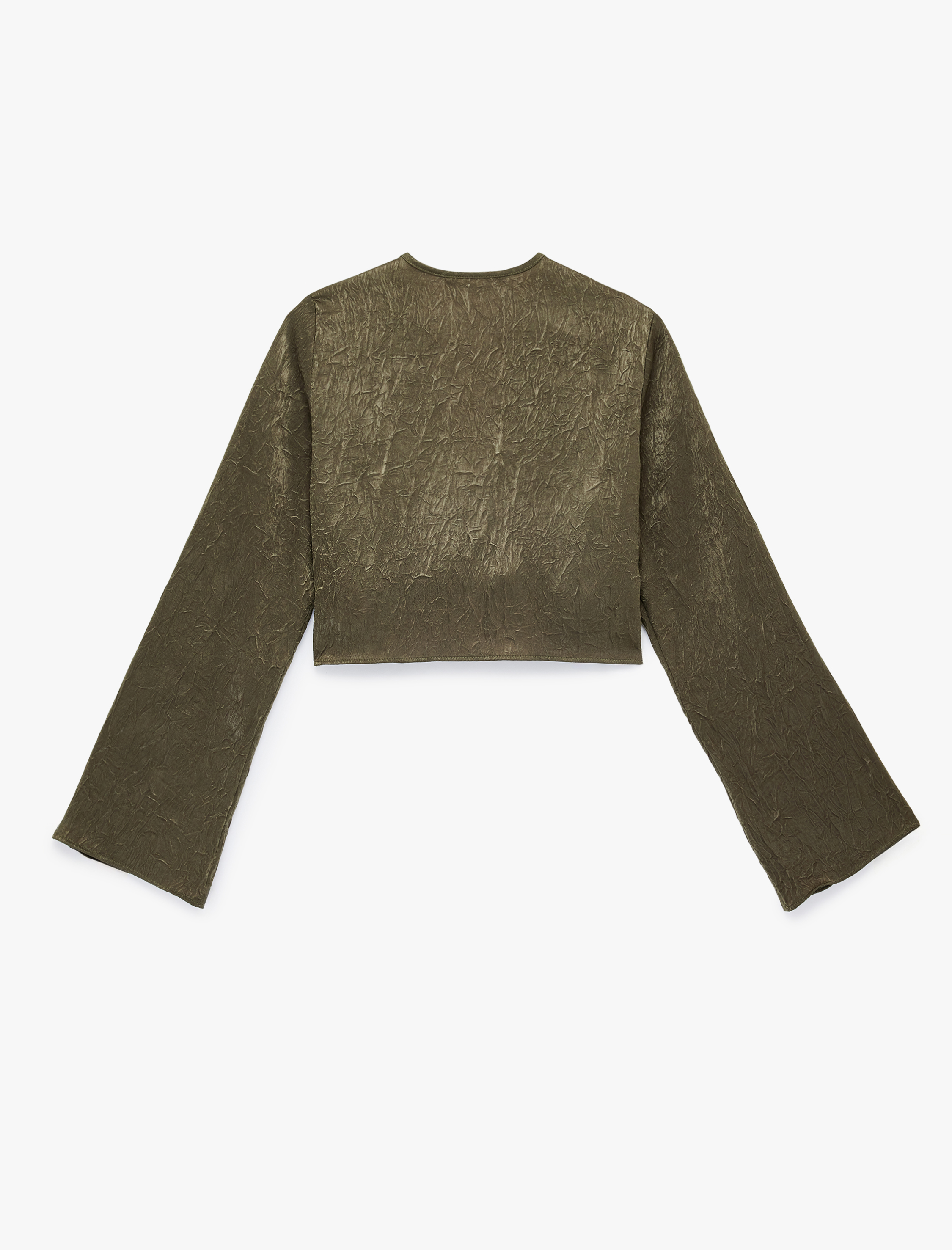   Uzun Kollu Önden Bağlama Detaylı Dokulu Crop Saten Bluz