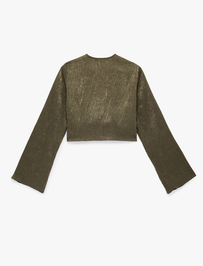  Uzun Kollu Önden Bağlama Detaylı Dokulu Crop Saten Bluz