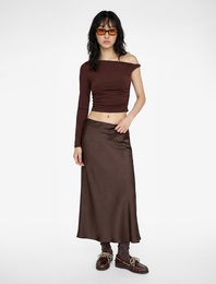 Uzun Kollu Slim Fit Tek Omuz Drapeli Asimetrik Yaka Tişört