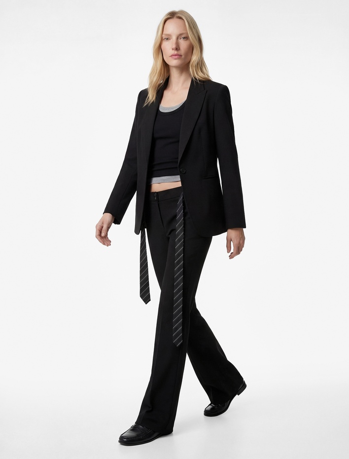  Kravat Kemer Detaylı Yüksek Bel Geniş Hafif İspanyol Paça Kumaş Pantolon