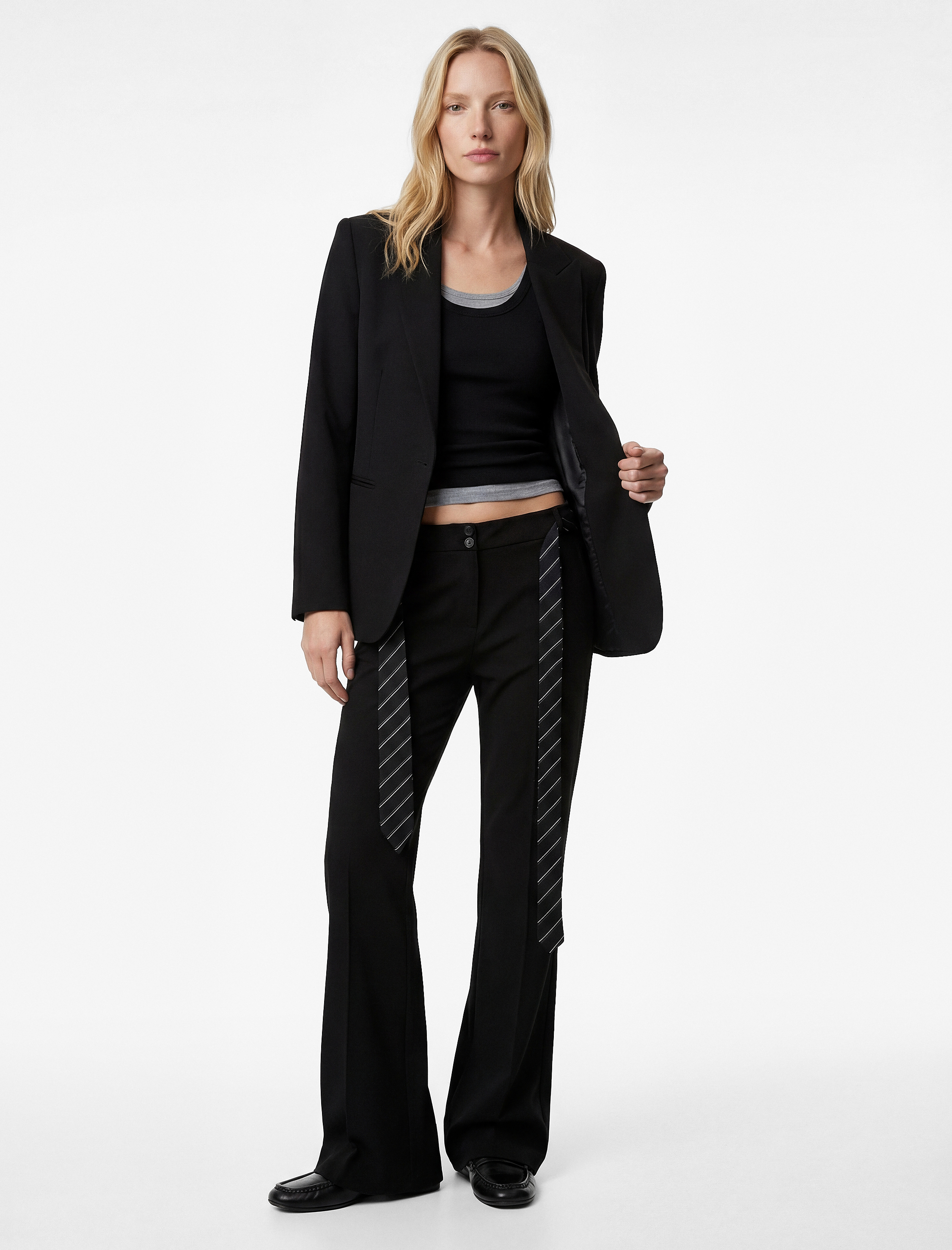   Kravat Kemer Detaylı Yüksek Bel Geniş Hafif İspanyol Paça Kumaş Pantolon