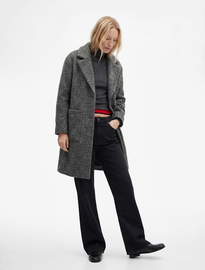  Uzun Kollu Cepli Düğmeli Kruvaze Uzun Buklet Kaban