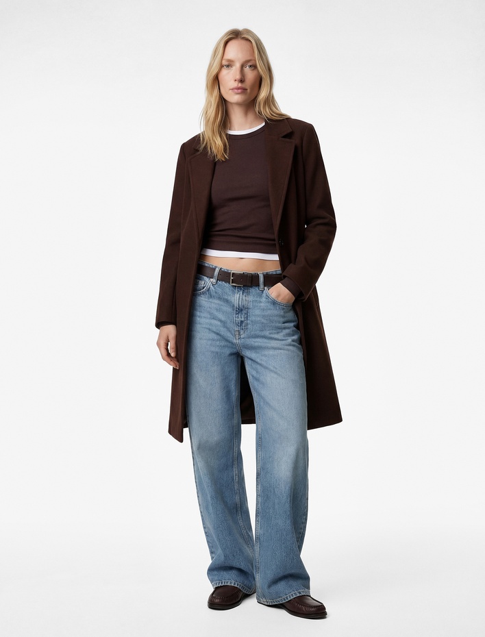  Uzun Kollu Düğmeli Cepli Kruvaze Uzun Kaşe Kaban