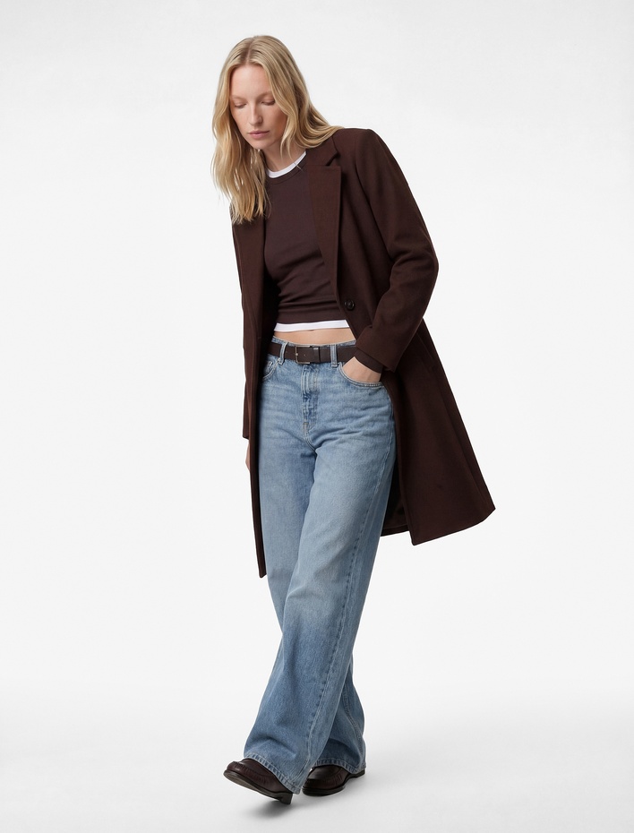  Uzun Kollu Düğmeli Cepli Kruvaze Uzun Kaşe Kaban