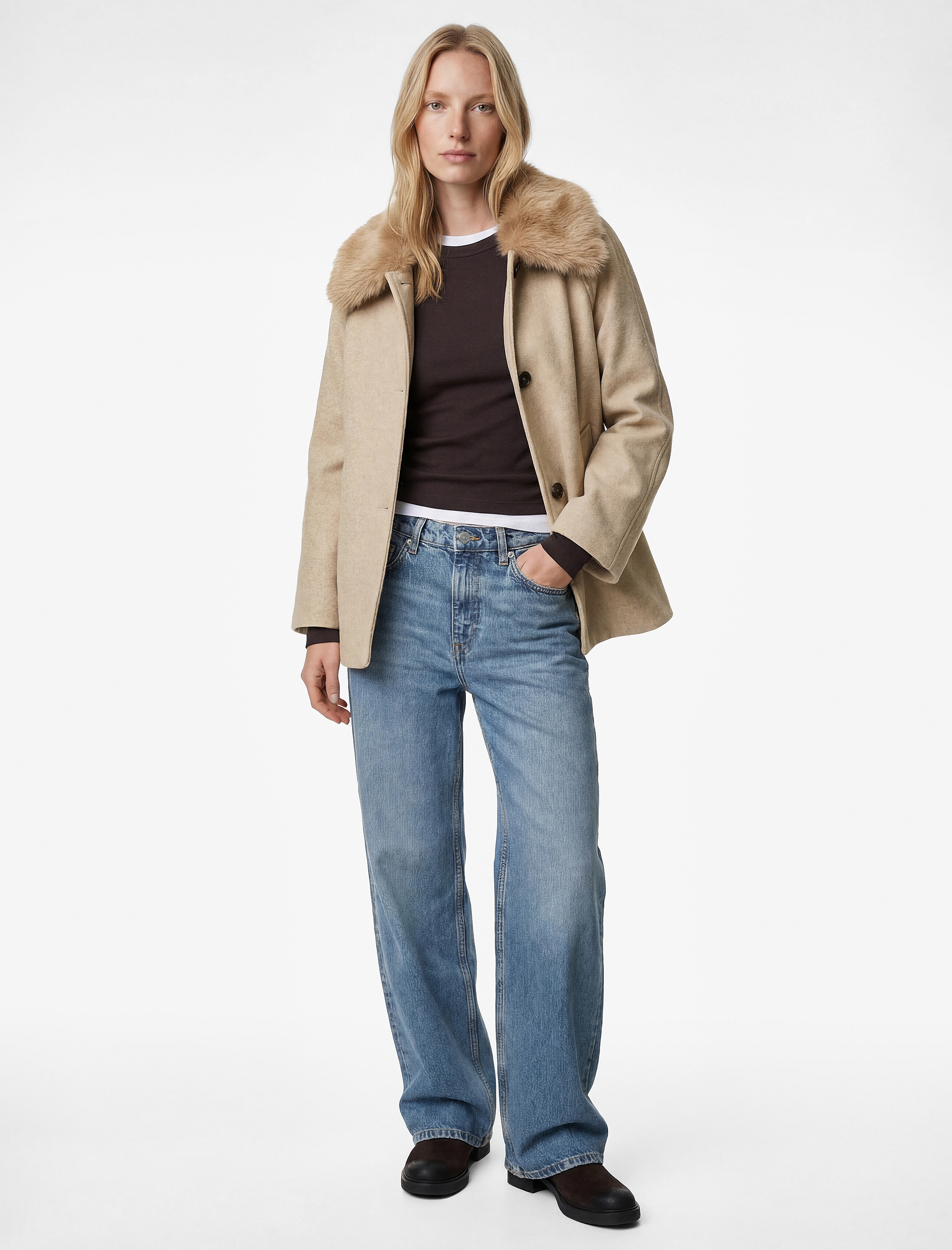   Çıkarılabilir Suni Kürk Yaka Kaşe Kaban Uzun Kollu Düğmeli Cepli