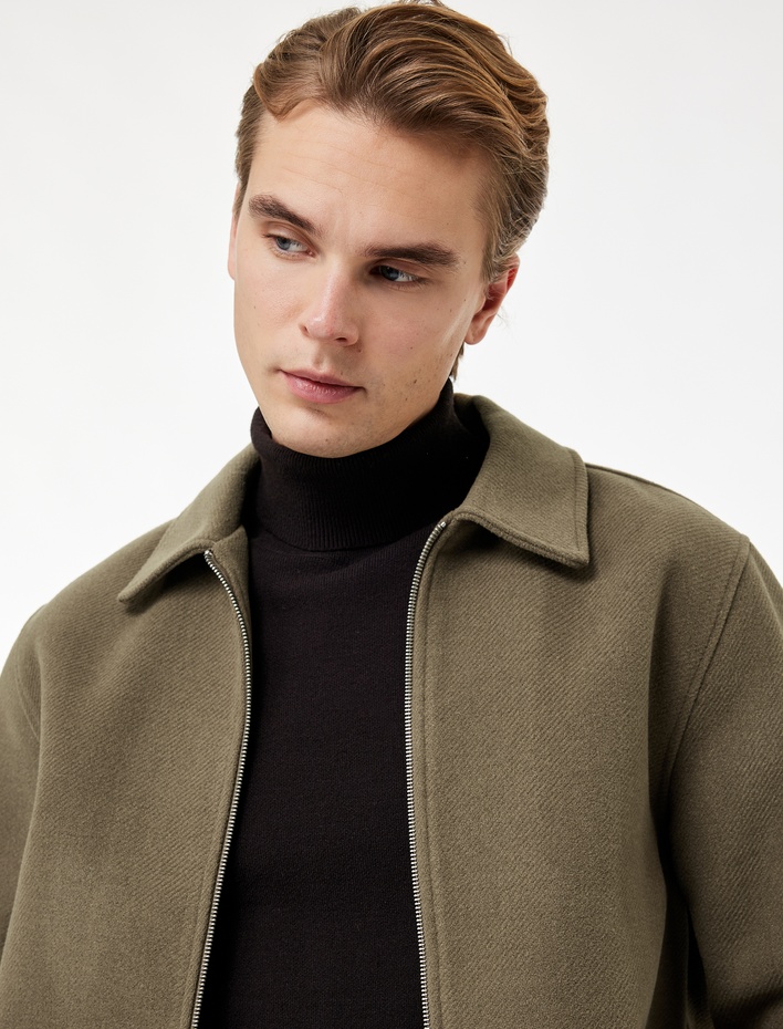  Regular Fit Uzun Kollu Cepli Gömlek Yaka Fermuarlı Kaşe Bomber Ceket