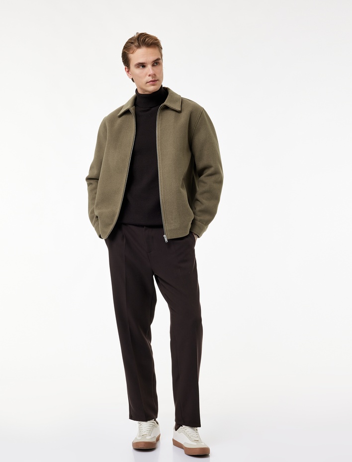  Regular Fit Uzun Kollu Cepli Gömlek Yaka Fermuarlı Kaşe Bomber Ceket