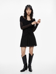 Omzu Açık Uzun Kollu Drapeli Simli Mini Tül Elbise