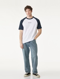 Regular Fit Renk Kontrastlı Reglan Kısa Kollu Bisiklet Yaka Pamuklu Baskılı Spor Tişört