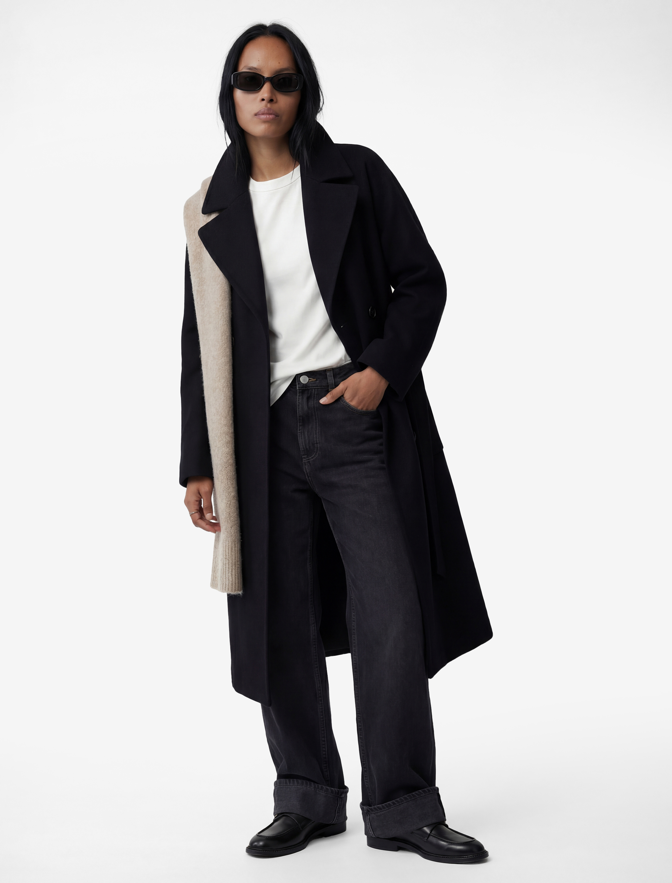   Kemerli Kaşe Kaban Kruvaze Düğmeli Uzun Kollu Cepli