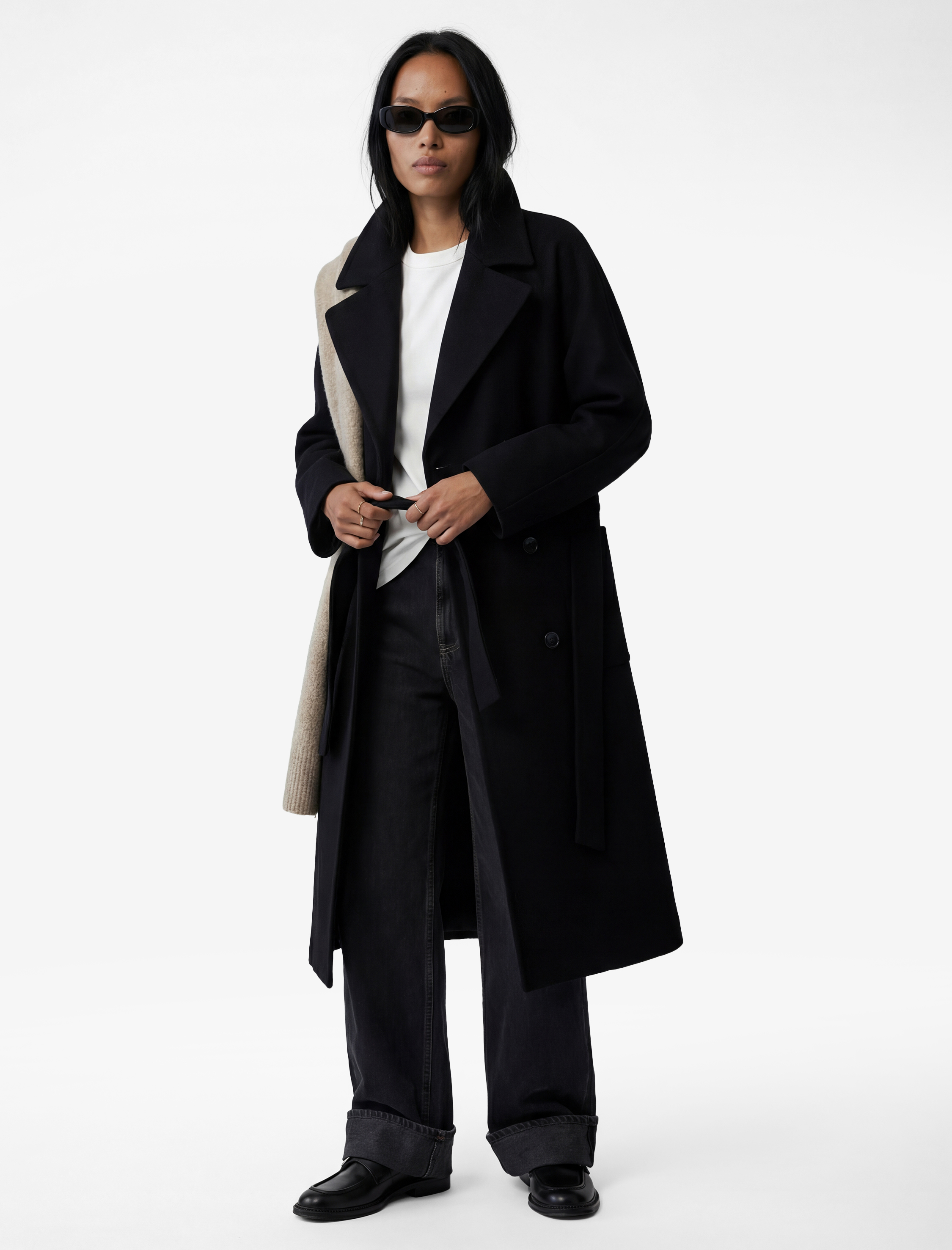   Kemerli Kaşe Kaban Kruvaze Düğmeli Uzun Kollu Cepli