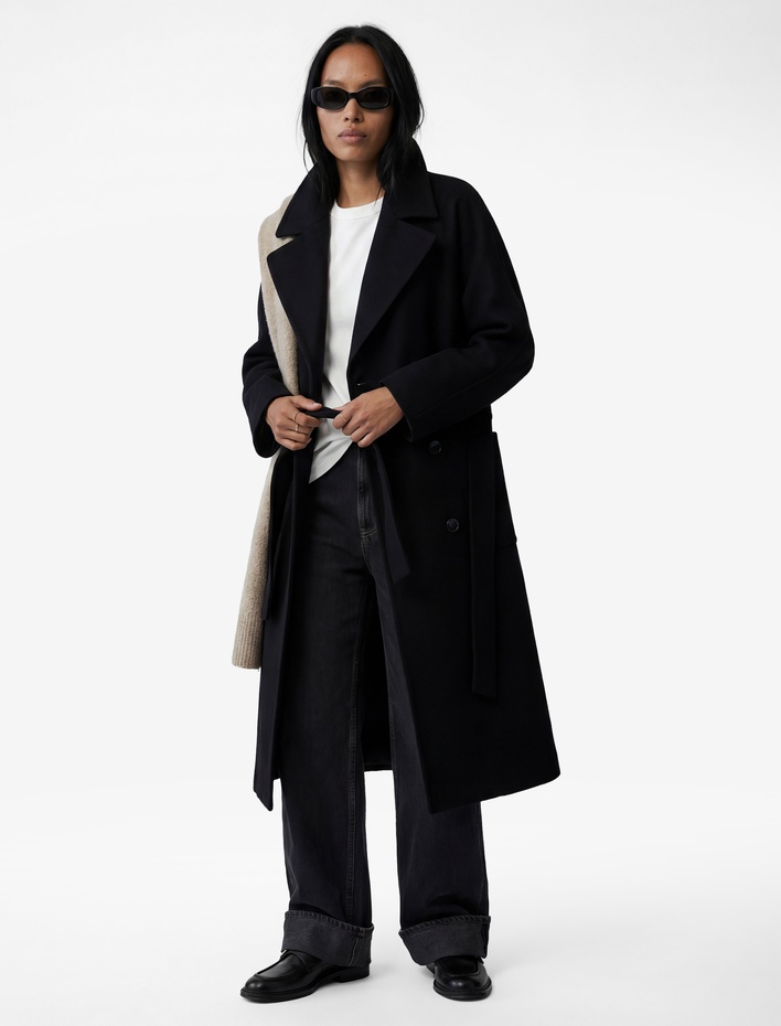  Kemerli Kaşe Kaban Kruvaze Düğmeli Uzun Kollu Cepli