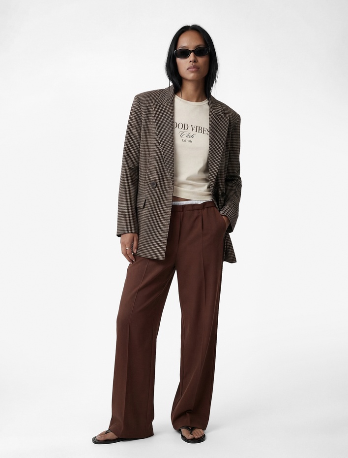  Pile Detaylı Beli Bağlamalı Cepli Geniş Paça Kumaş Pantolon